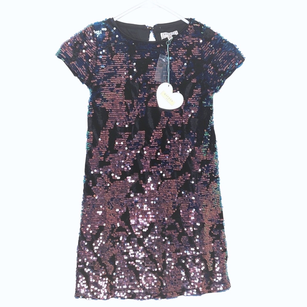Hayden Girls Sequin Shift Dress Iridescent‎ Blue Pink Black Velvet Small NWT